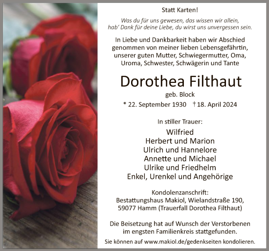 Todesanzeige von Dorothea Filthaut von WA