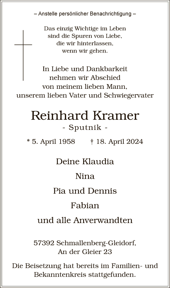 Todesanzeige von Reinhard Kramer von WA