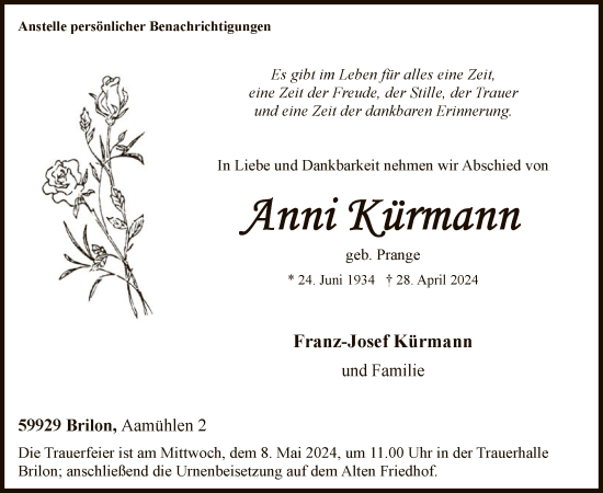 Todesanzeige von Anni Kürmann von WA