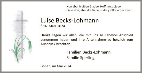 Todesanzeige von Luise Becks-Lohmann von WA